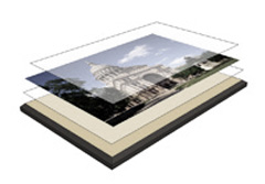 The layers of a plaque mount: panel, mounting tissue, image, laminate